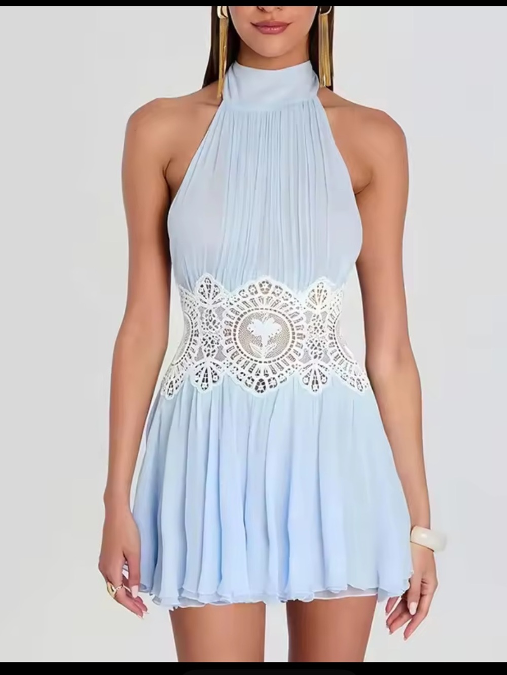 Light Blue Halter Dress with Crochet Waist